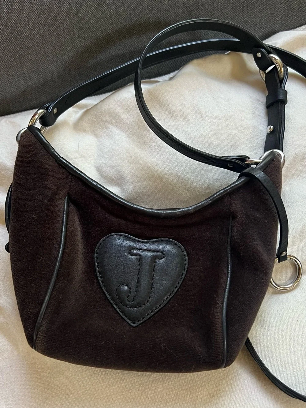 Vintage Juicy Couture Crossbody Brown Purse Black Leather Heart Velour 90s Y2K